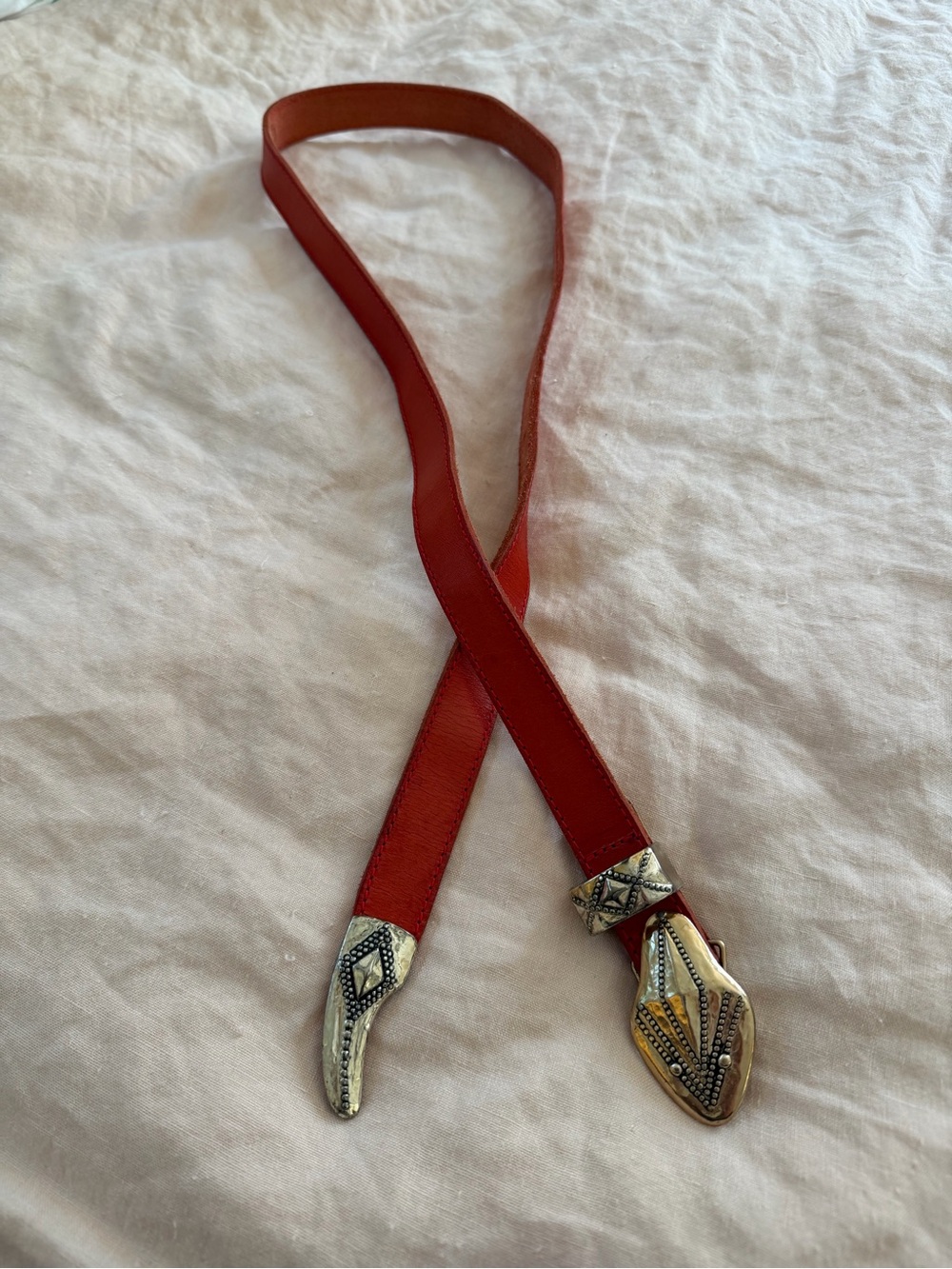 Red Leather Skinny Belt with Decorative Western Snake Tips